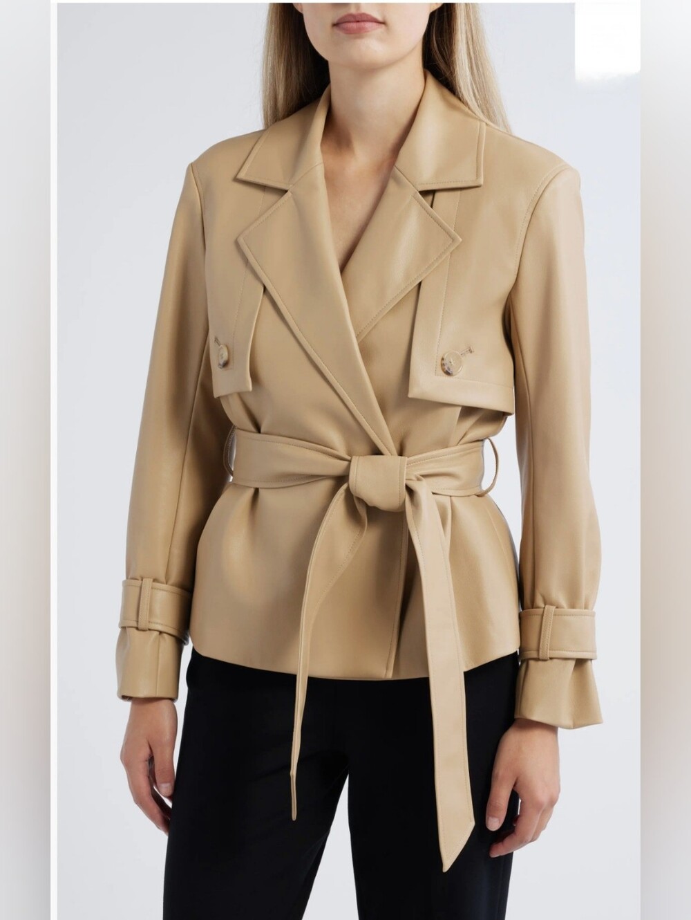 NWT Anne Klein Faux Leather Short Tie Trenchcoat